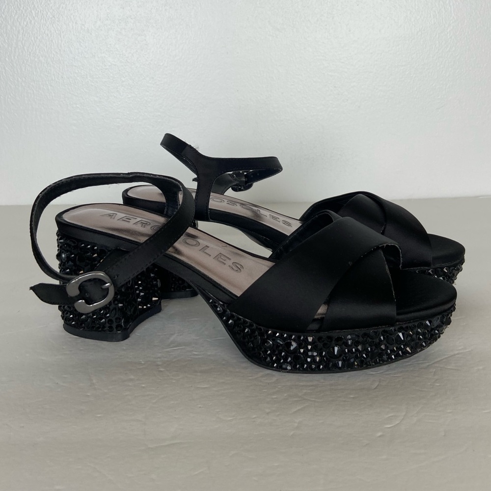 Aerosoles Cosmo Party Open Toe Platform Heels Size 8.5 M Black Y2k Party Crystal